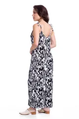 Mono largo de fibrana con estampado de cebra en blanco y negro, sin mangas y con escote en V.