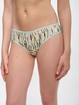 Bombacha de bikini color beige con estampado de líneas onduladas en negro y celeste.