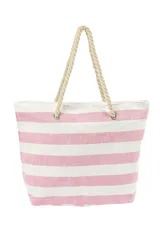 Bolso tipo tote con rayas horizontales blancas y azules, asas de soga y cierre superior.