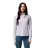 Remera deportiva de manga larga con cierre frontal parcial, cuello alto y orificios para los pulgares en los puños. Presenta un diseño técnico en color lila con el logo de la marca estampado en el pecho.