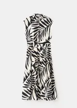 Vestido midi de viscosa con estampado de hojas en blanco y negro, sin mangas, con cuello camisero, cierre frontal de botones y cinturón a juego.