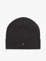 Gorro tipo beanie de punto canalé en color gris oscuro, con vuelta y logo de la marca bordado en la parte frontal.