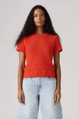Sweater de punto con tejido de ganchillo color rojo, de manga corta, cuello redondo y diseño con panel de rombos en la parte inferior.