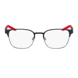 Armazón de anteojos Nike con diseño rectangular, frente de metal en color azul oscuro y patillas con detalles en color rojo.