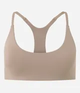 Top deportivo de microfibra color verde militar, con escote redondo, copas incorporadas y espalda nadadora. Marca Get Over.