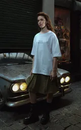 Remera blanca de corte oversize con cuello redondo y manga corta. Presenta un estampado minimalista en el pecho con la frase "Au revoir, shoshanna!" en tipografía negra.