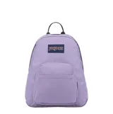 Mochila pequeña Jansport modelo Half Pint, color lila, con un compartimento principal, bolsillo frontal con cierre y parche con el logo de la marca.