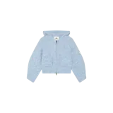Cardigan de punto melange en tono celeste, con capucha, cierre frontal de cremallera bidireccional y bolsillos frontales con solapa decorados con botones.