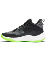 Championes de básquetbol Under Armour Curry 3Z7, con parte superior de cuero y malla en color negro y blanco. Presenta mediasuela blanca con tecnología Micro G y suela de goma en color verde neón con patrón de tracción anatómico.