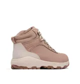 Bota de senderismo Columbia modelo Newton Wander Ltr, color rosa viejo con detalles en beige. Presenta diseño impermeable con herrajes metálicos, sistema de amortiguación TechLite y suela de goma con tracción Omni-Grip.