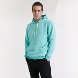 Canguro turquesa de algodón extra suave con capucha y cordones blancos.