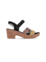 Sandalias de cuero multicolor con taco tipo corcho y plataforma. Cuentan con tiras en la capellada en tonos negro, marrón y amarillo, y tira con cierre ajustable en el talón.