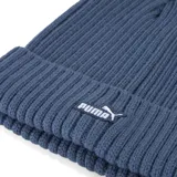 Gorro tipo beanie de punto acanalado en color azul, con diseño de corona media y parche bordado con el logo de Puma en el frente.
