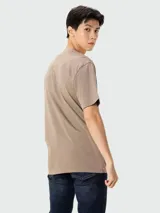 Camiseta de manga corta color beige con cuello redondo y un estampado gráfico en el pecho con texto que incluye "ARCTIC X-TREME" y coordenadas geográficas.