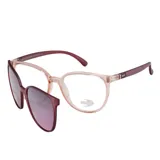 Lentes ópticos con marco translúcido rosado y clip-on solar desmontable en tono bordó, con diseño redondeado y patillas oscuras.