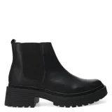 Bota estilo Chelsea de cuero negro con paneles elásticos laterales y suela track de plataforma dentada.