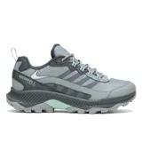 Championes de senderismo Merrell modelo Speed Strike 2 Waterproof, color gris con detalles en verde agua. Presentan una construcción robusta con malla y cuero sintético, membrana impermeable, entresuela de espuma EVA para mayor amortiguación y suela de goma con tacos para tracción en terrenos irregulares.