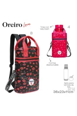 Mochila matera de diseño acolchado en color fucsia con estampado de labios y corazones. Cuenta con manijas superiores, correas ajustables y desmontables, y logo de la marca en el frente.