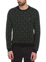Sweater de punto Original Penguin, color verde oscuro y negro con diseño jacquard a cuadros, cuello redondo, mangas largas y detalles acanalados negros en cuello, puños y dobladillo. Incluye el logo bordado del pingüino en el pecho.