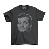 Remera de algodón color gris oscuro con estampado frontal en escala de grises que representa el rostro del actor Bill Murray junto a su firma.