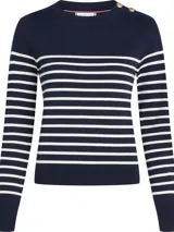 Sweater de Tommy Hilfiger con diseño de rayas horizontales en azul marino y blanco. Presenta cuello redondo, manga larga y detalle de botones decorativos dorados en uno de los hombros.