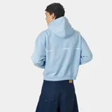 Hoodie oversized de color celeste, con capucha, bolsillo tipo canguro y estampado frontal en color blanco de la marca Eme Studios.