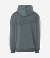 Hoodie de algodón verde con efecto acid wash, corte boxy, capucha y gran bordado en relieve con la palabra "horizon" en la espalda.