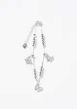 Pulsera de plata 925 tipo veneciana con dijes colgantes de mariposas pavé de zirconia cúbica y cuentas esféricas plateadas.