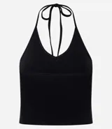Blusa cropped de frente única color azul marino, con escote en V y lazo para atar al cuello. Confeccionada en tejido de algodón con elastano, de diseño ajustado y espalda descubierta.