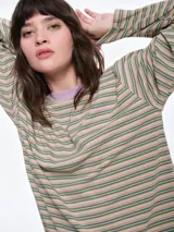 Remera de dormir de corte oversize con estampado de rayas horizontales, confeccionada en algodón con elastano. Presenta cuello redondo en rib de color rojo contrastante y mangas largas.