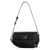 Cartera Guess modelo Danya de formato compacto y estructura rígida, color negro con textura granulada. Presenta solapa frontal con logo triangular metálico de la marca y detalle de correa decorativa con hebilla en la base. Incluye correa larga ajustable para llevar al hombro o cruzada.