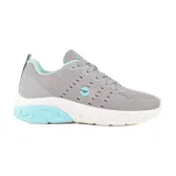 Champion deportivo Hi-Tec modelo Gina, de diseño ligero y transpirable en color gris con detalles en celeste y suela blanca. Cuenta con cordones ajustables y refuerzo en el talón.