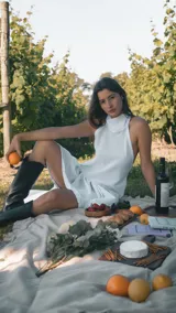 Vestido corto de color blanco con escote halter y espalda descubierta. Presenta un diseño con volado amplio en la parte inferior y caída asimétrica.