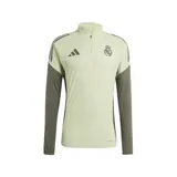 Buzo de entrenamiento Adidas del Real Madrid, color verde claro con mangas grises y detalles en gris oscuro. Presenta cuello alto con cierre de cremallera, logo de Adidas y escudo del Real Madrid en el pecho.
