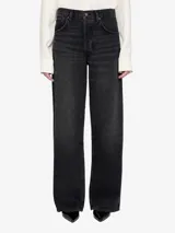 Jean gris oscuro de corte amplio con piernas anchas y cintura alta. Diseño de 5 bolsillos, trabillas y cierre de cremallera.