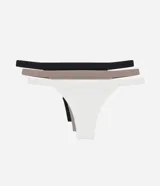 Kit de tres bombachas femeninas tipo colaless de hilo, confeccionadas en algodón con cintura baja, laterales finos y elástico aparente. Incluye piezas en colores negro, marrón y blanco.