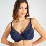 Sujetador azul marino con relleno, copas D y E, breteles regulables y detalle de moño en el centro.