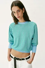 Sudadera de punto con cuello redondo y manga larga, de diseño a rayas verticales celestes y verdes, con puños y ribetes lisos en color celeste.