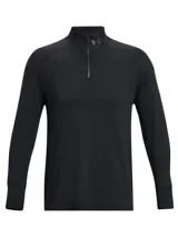 Buzo deportivo Under Armour de manga larga con cierre de un cuarto en el cuello. Presenta un diseño minimalista en color negro con el logo de la marca sutilmente aplicado en el pecho. Cuenta con orificios para los pulgares en los puños y un bolsillo lateral.