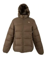 Campera tipo puffer color marrón, con cierre frontal completo, capucha integrada y bolsillos laterales. Presenta un pequeño logo bordado en el pecho.