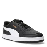 Championes urbanos Puma modelo Caven 2.0, color negro con detalles en blanco. Presentan un diseño inspirado en el básquetbol con perforaciones en la puntera, el icónico logo de la marca en dorado en el lateral y una suela de goma blanca.