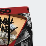 Calzoncillos tipo bóxer de la marca PSD, con estampado de billetes de dólares, diamantes y la frase "Cash Money". Cintura elástica roja con logo de la marca en negro.