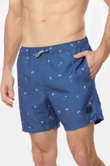 Short de baño azul con microestampado de kitesurf, cintura elastizada y cordón ajustable.