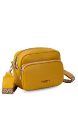 Bandolera de símil cuero color verde oliva, con diseño de dos compartimentos con cierre y correa ajustable de tela con patrón geométrico.