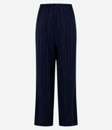 Pantalón pantalona azul marino con rayas verticales blancas, elástico y lazo en la cintura, con efecto airflow.