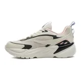 Championes Fila modelo Rt para mujer, de diseño chunky en color blanco con detalles en negro, rosado y celeste, con suela robusta y capellada combinada de malla y material sintético.