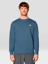 Buzo de cuello redondo color azul, con puños y bajo acanalados. Presenta un pequeño logo bordado en el pecho.