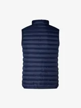 Chaleco puffer naranja con cuello alto y cierre frontal con cremallera.