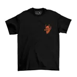 Remera marrón de algodón con estampa en color naranja en la espalda que muestra a un diablo tomando mate sentado en un banco, con la frase 'Más sabe el diablo por viejo que por diablo'.