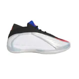 Championes de básquet Adidas Anthony Edwards 2, diseño de caña baja con exterior en color blanco y negro, detalles en azul y rojo en la lengüeta, y estructura translúcida envolvente en la entresuela.